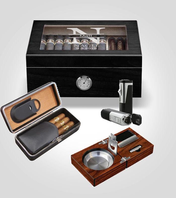 Black Humidor Bundle with Ashtray, Lighter, and Cigar Case