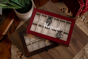 12 Piece Cherry Wood Watch Box | Custom Text - Kustom Products Inc