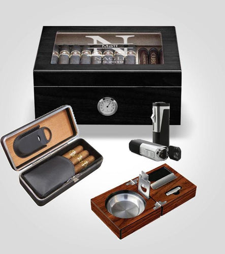 Black Humidor Bundle with Ashtray, Lighter, and Cigar Case - Kustom Products Inc