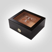 Load image into Gallery viewer, DrugstoreDesktop Black Cigar Humidor Groomsman Box | Custom Name Monogram | Lined with Genuine Spanish Cedar Case | Hygrometer, Humidifier and Glass Sophistication Top Box - Kustom Products Inc