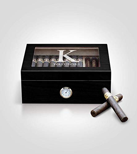 DrugstoreDesktop Black Cigar Humidor Solid Template Box with Lid | Custom Monogrammed | Lined with Genuine Spanish Cedar Case | Hygrometer, Humidifier and Glass Sophistication Top Box - Kustom Products Inc
