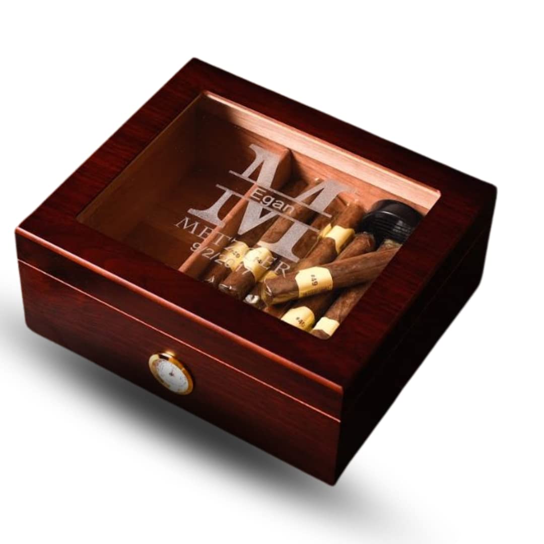 DrugstoreDesktop Cherry Cigar Humidor Split Template Box with Lid | Custom Personalization | Lined with Genuine Spanish Cedar | Hygrometer, Humidifier and Glass Sophistication Top Box - Kustom Products Inc