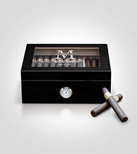 Load image into Gallery viewer, DrugstorePersonalized Humidor Cigar Box with Black Finish, Includes Hygrometer and Humidifier, Holds 25-50 Cigars, Tempered Glass Top and Custom Engraving - Kustom Products Inc