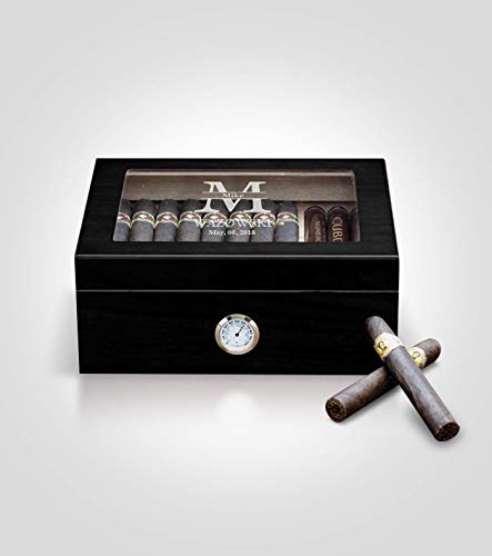 Personalized Humidor Cigar Box with Black Finish, Includes Hygrometer and Humidifier, Holds 25-50 Cigars, Tempered Glass Top and Custom Engraving