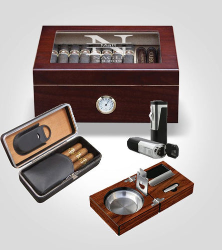 Rosewood Humidor Bundle with Ashtray, Lighter, and Cigar Case - Kustom Products Inc