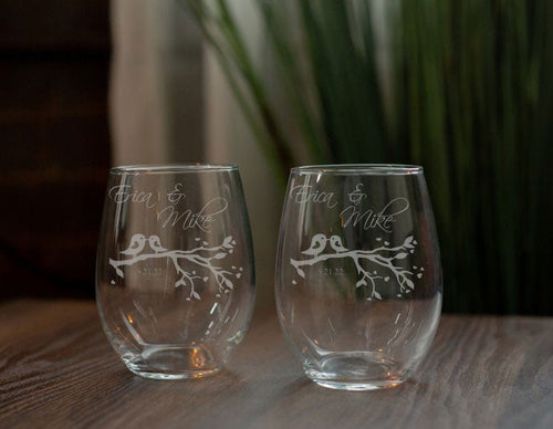 Stemless Wine Glasses Set | Lovebirds - Kustom Products Inc